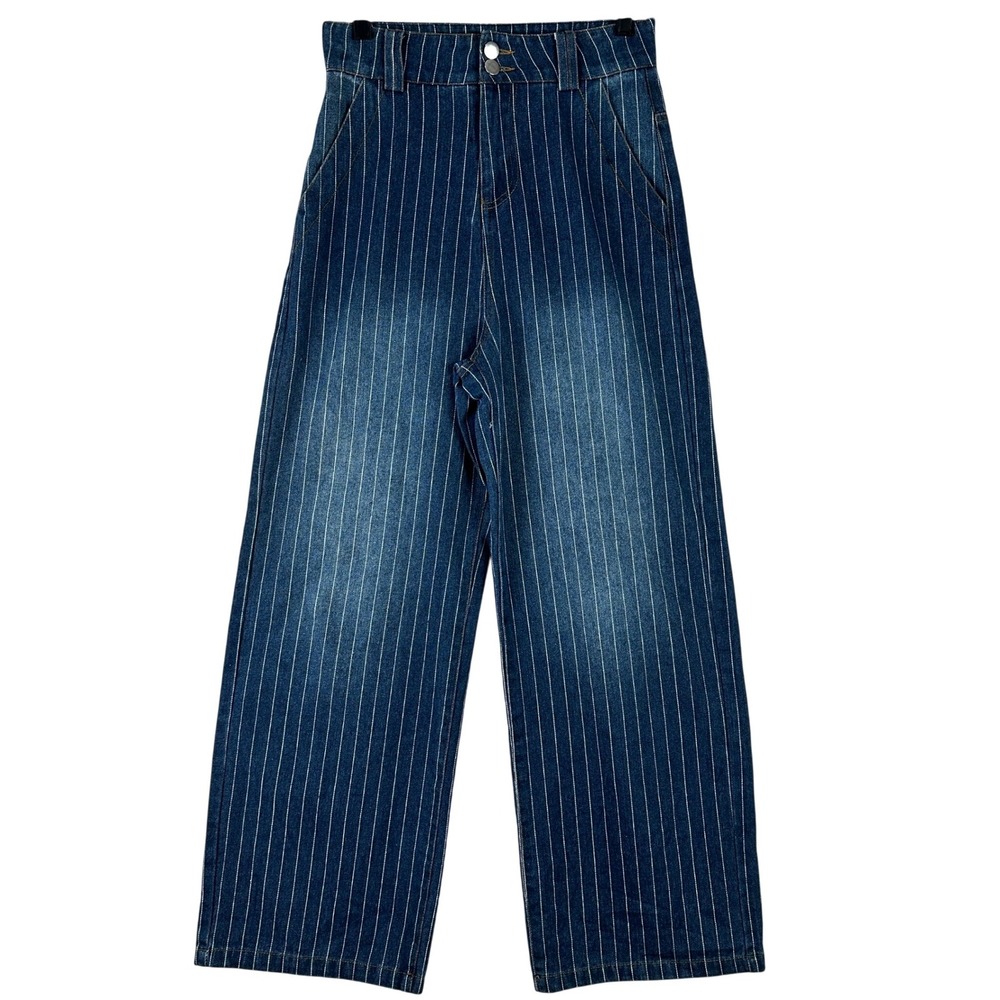 Vintage‎ Style Workwear Pinstripe Wide Leg Jeans Womens S Blue High Rise Retro